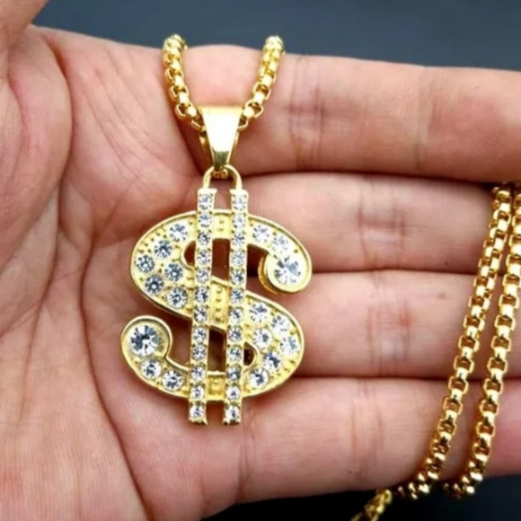 New Big Gold Dollar Sign Rhinestone Necklace - Picture 2 of 3